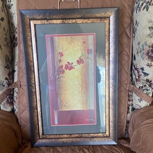 Floral Art Painting with Gold and Red Accents